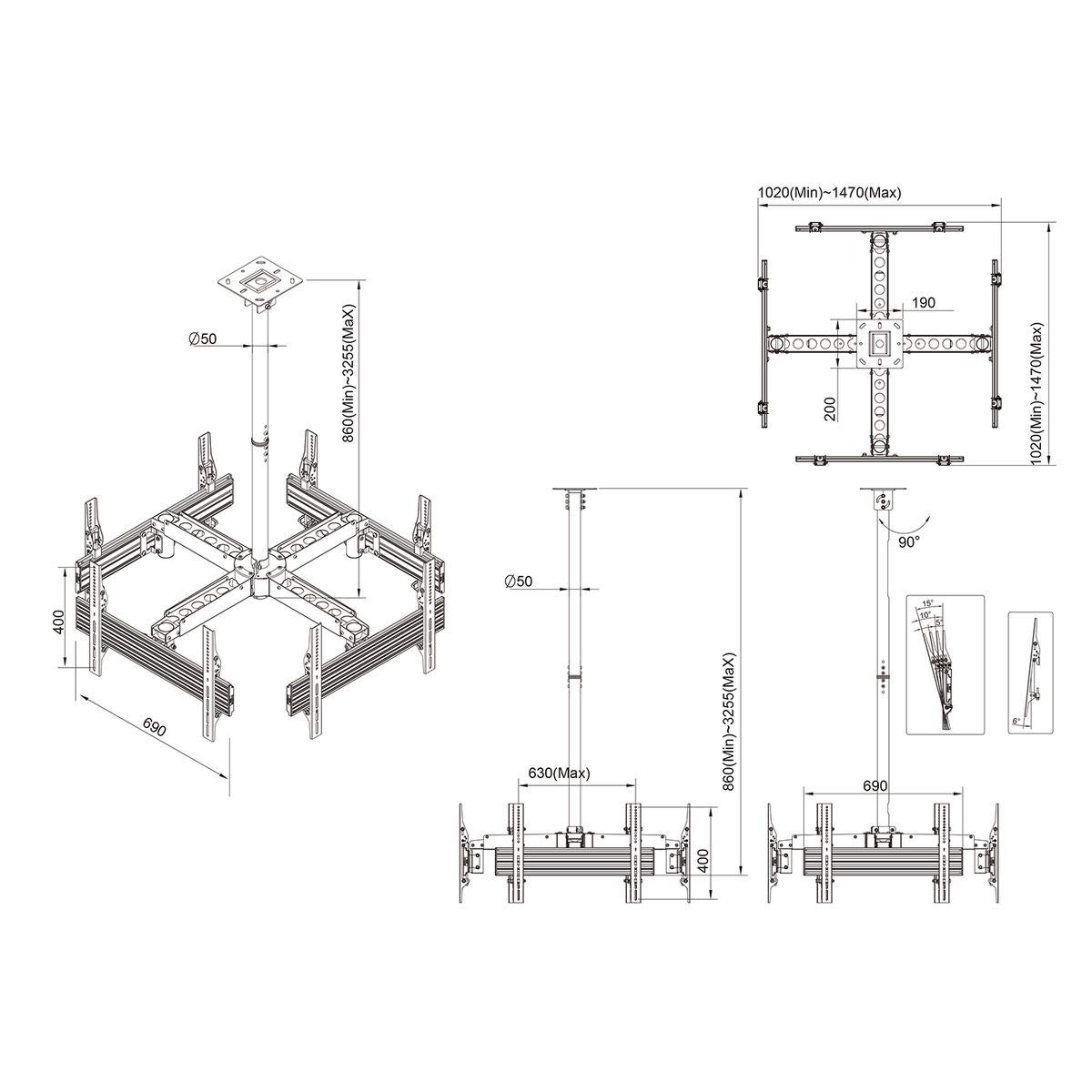 kimex-014-6004-support-tv-plafond-4-crans-32-65 image 2