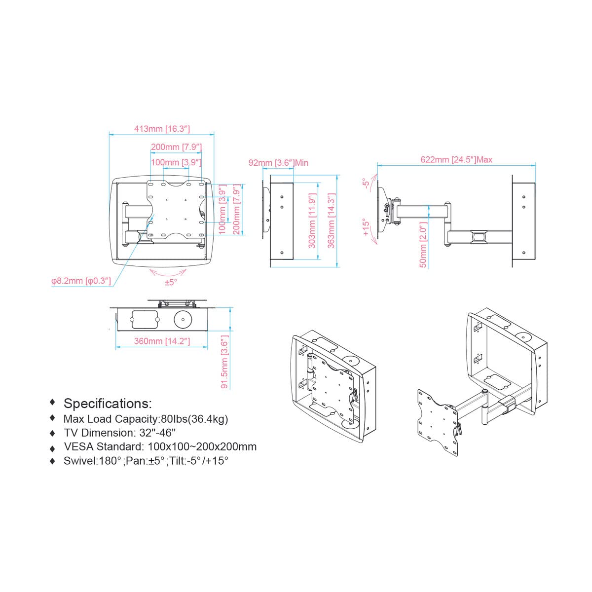 kimex-013-4040-support-tv-mural-encastrable-21-46-articul image 2