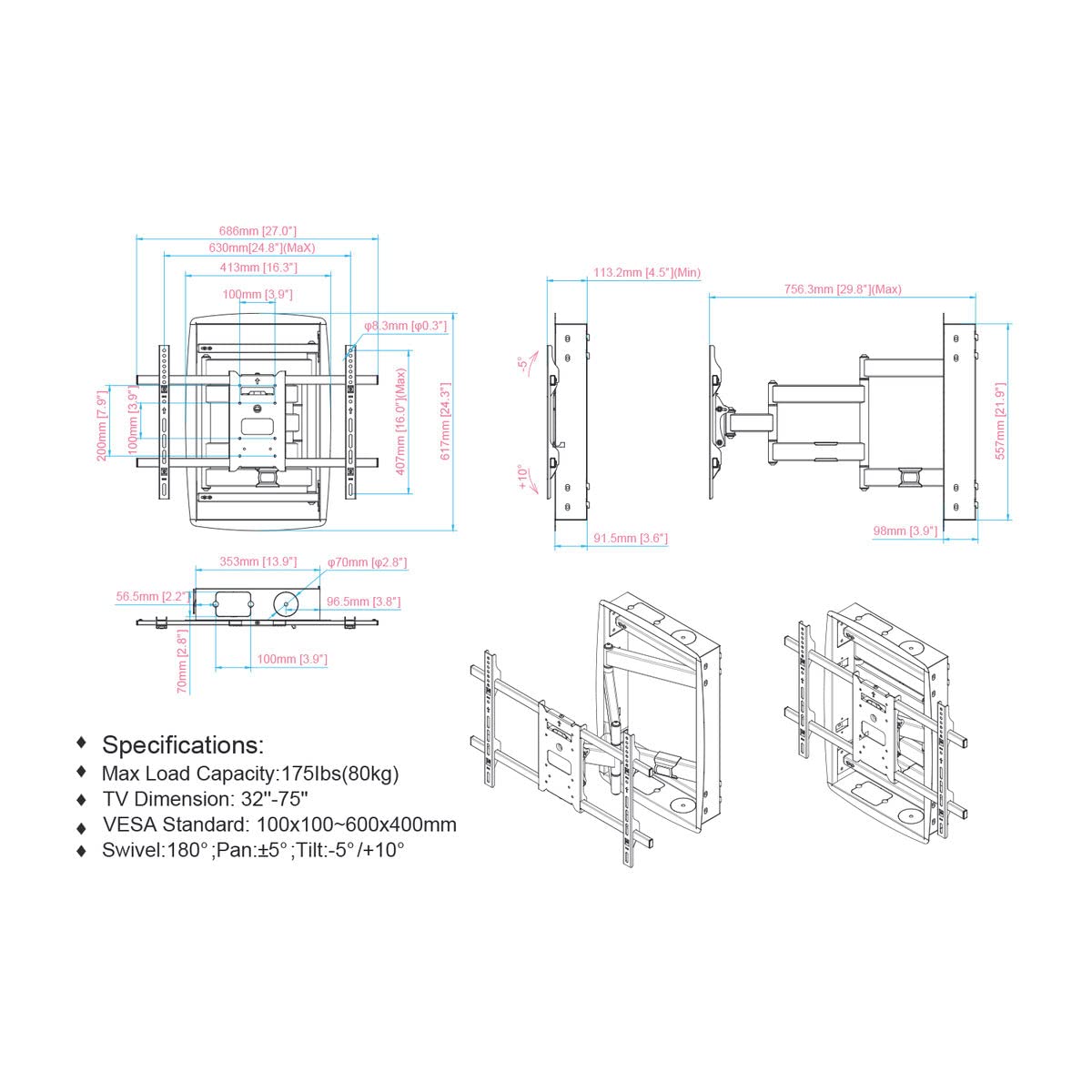 kimex-013-4060-support-mural-tv-32-65-encastrable-80-kg image 2